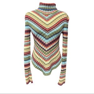 Rainbow Striped Turtleneck Sweater Medium Asymmetrical Y2K Rory Gilmore Fitted
